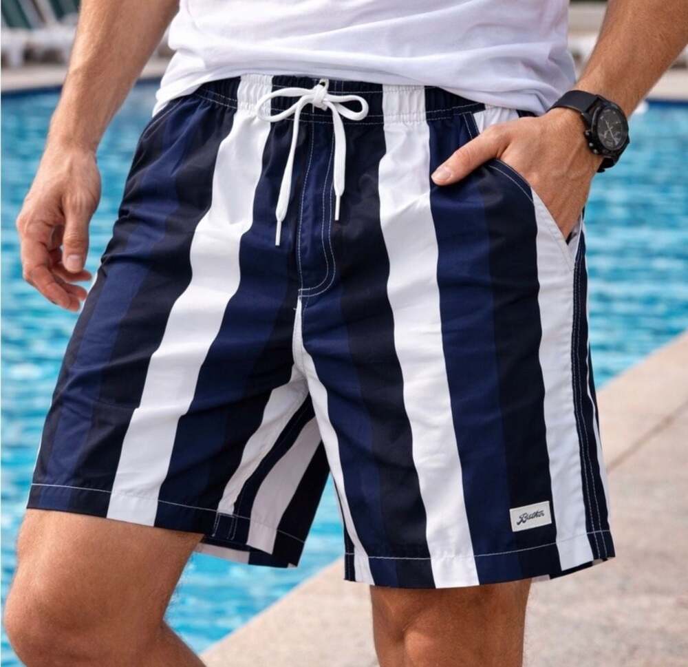 Bather Navy and White Striped Swim Trunks Size M